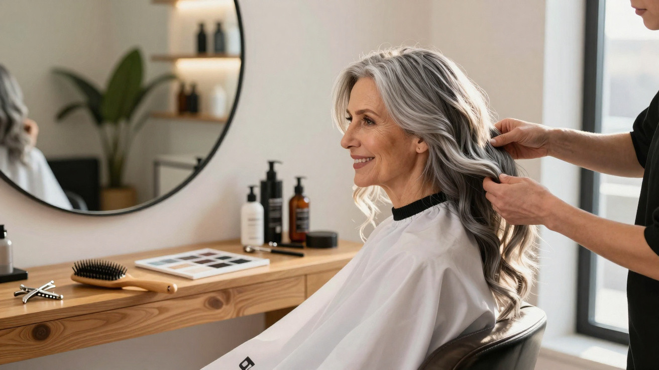 Mulher sorridente com cabelo longo grisalho sendo arrumado por cabeleireiro em salão moderno.