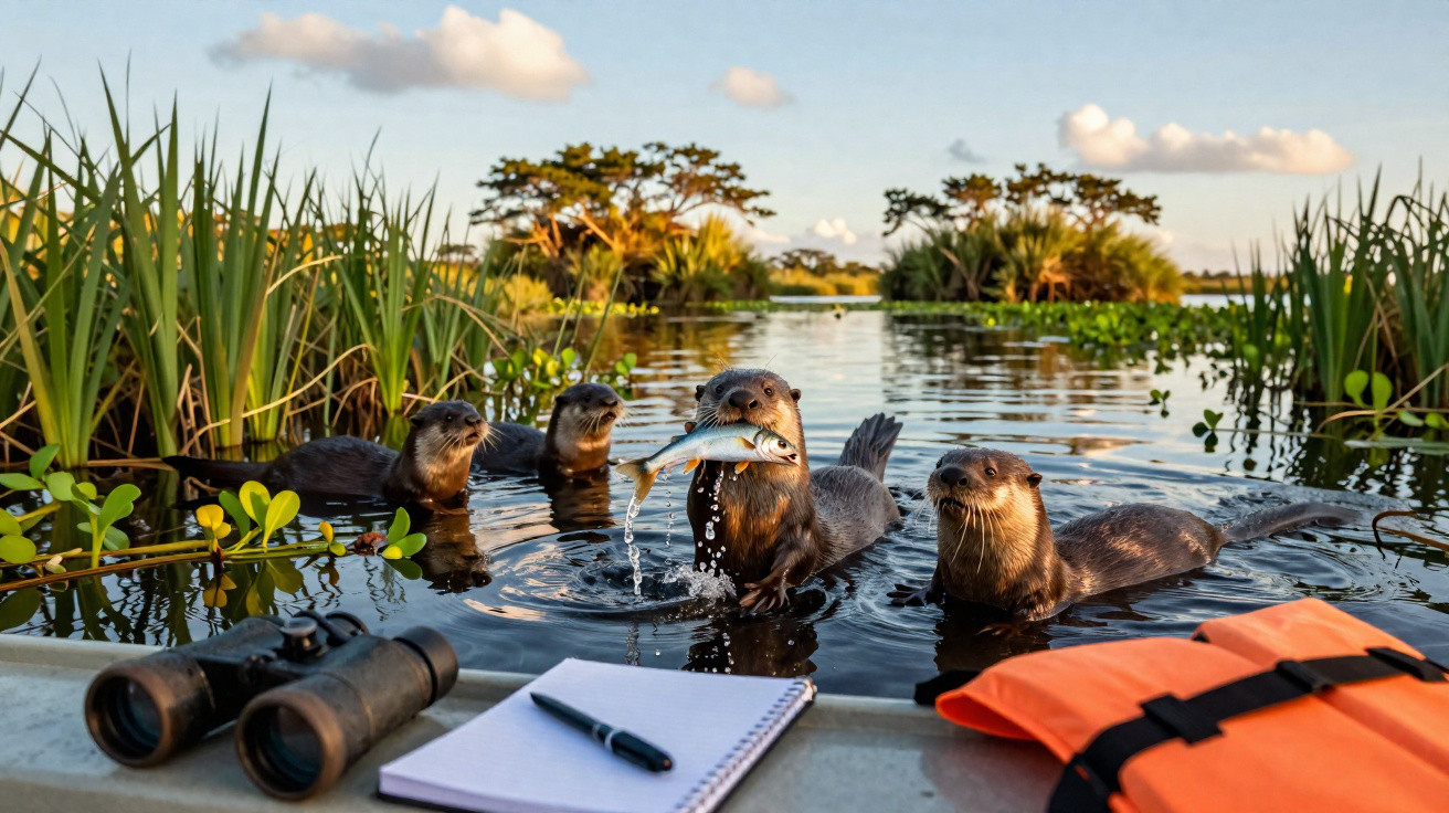 Lontras na água segurando peixe perto de um barco com binóculos, caderno e colete salva-vidas.