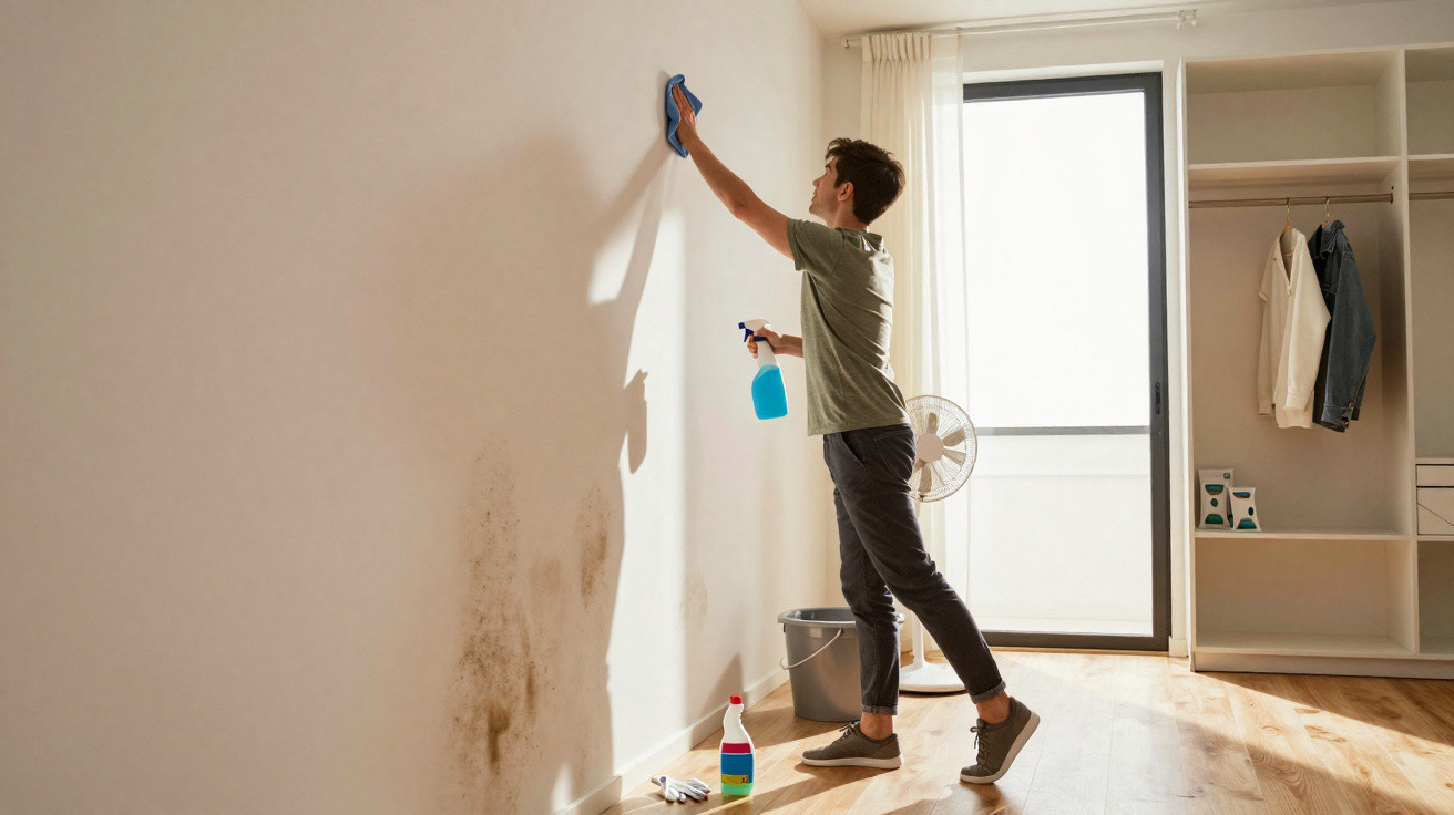 Jovem limpando manchas de mofo em parede branca com pano e spray dentro de quarto iluminado.