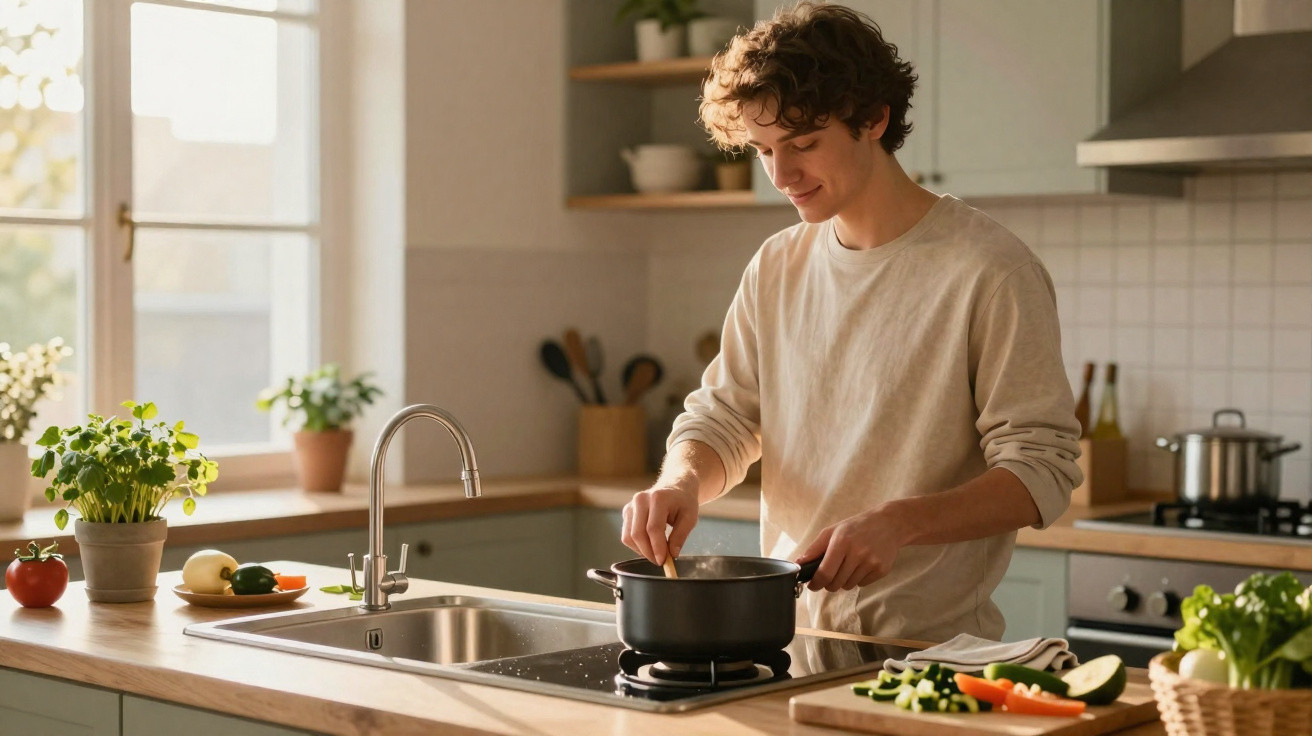Jovem cozinhando em panela no fogão de cozinha moderna com frutas e verduras no balcão.