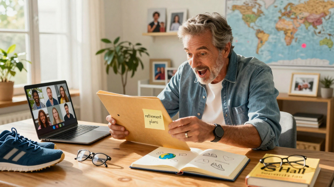 Homem animado lendo pasta com etiqueta “retirement plans” durante videochamada em mesa com livros e notebook.