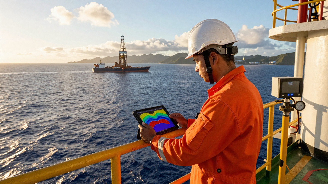 Homem com capacete e roupa laranja usa tablet com dados coloridos em plataforma marítima perto de navio.
