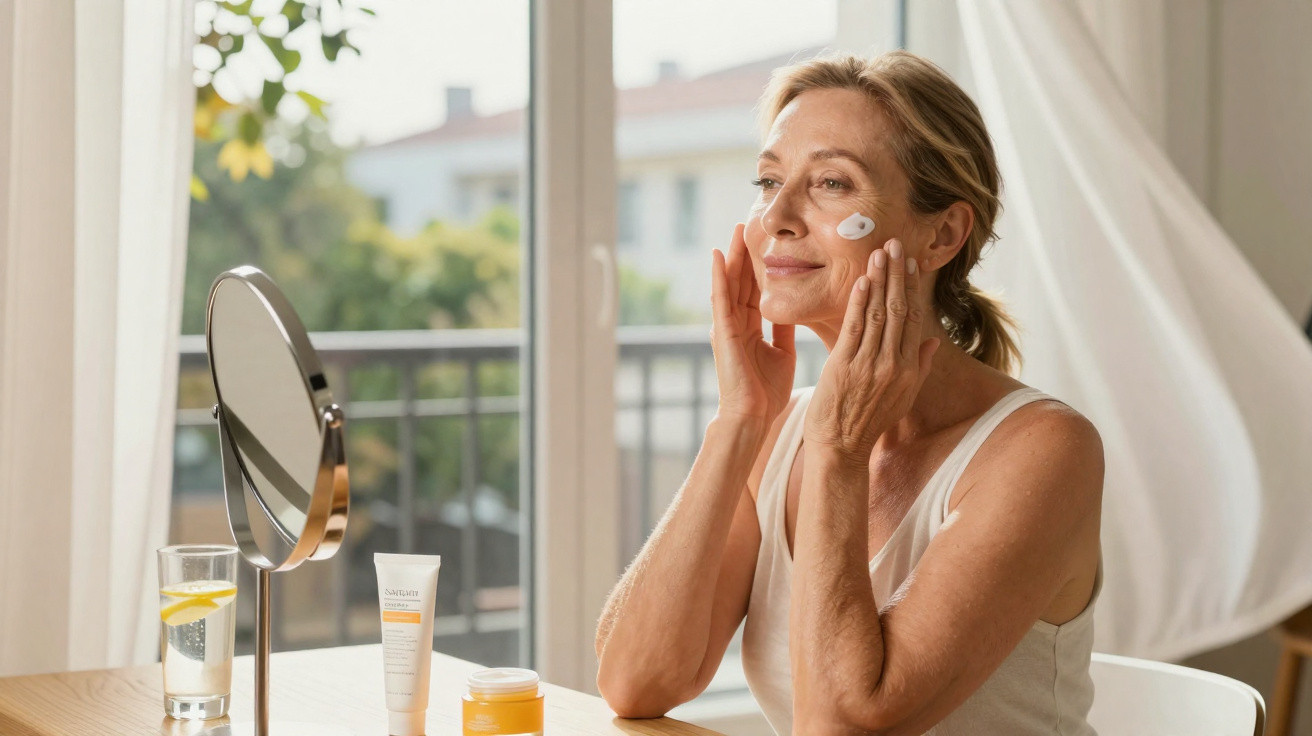 Mulher sorrindo aplicando creme facial sentado à mesa perto de espelho em ambiente iluminado.