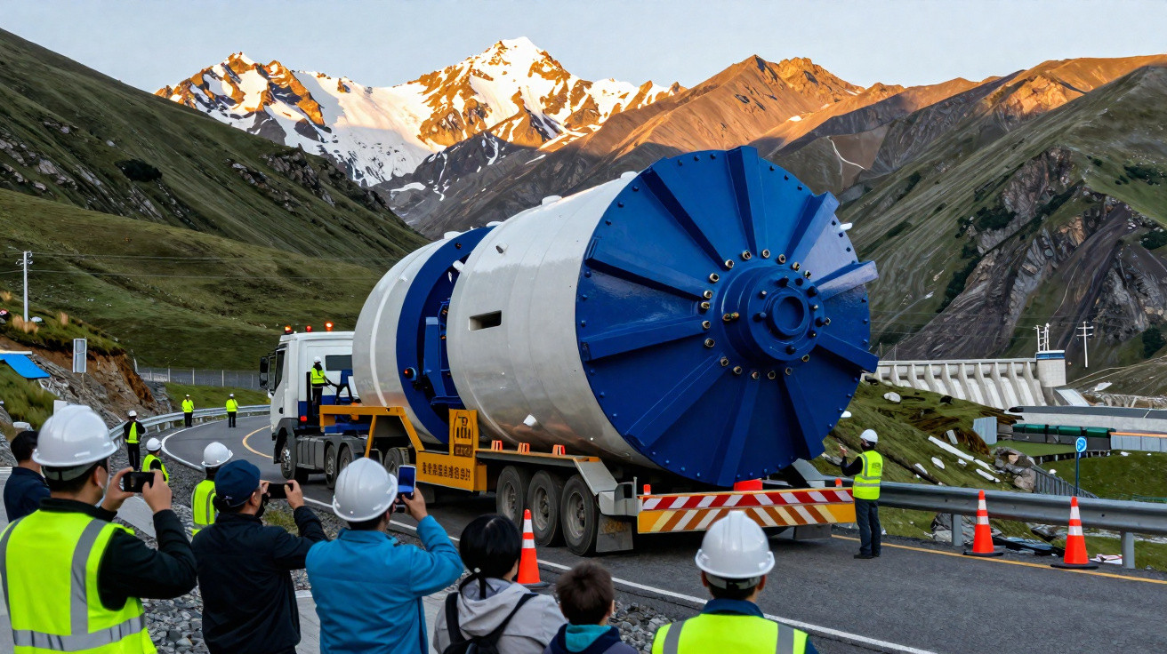 Grupo de pessoas com capacetes observando transporte de equipamento industrial em estrada montanhosa.
