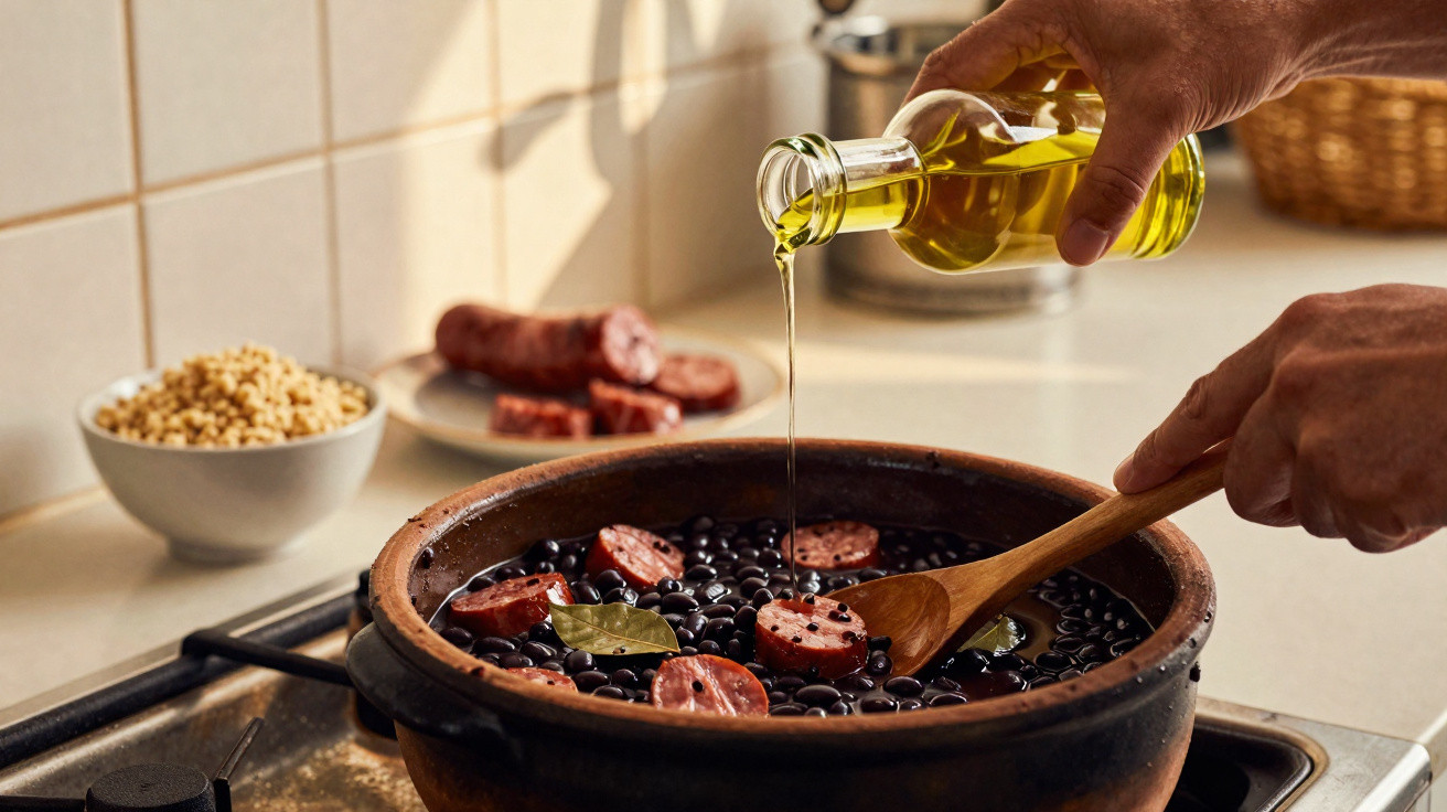 Mãos despejando azeite em panela de barro com feijoada, linguiça e folha de louro no fogão.