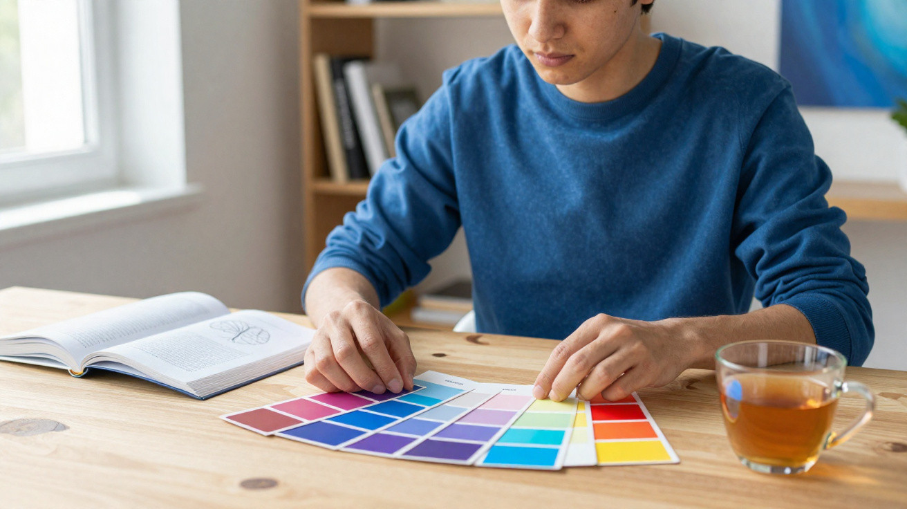 Pessoa com camiseta azul escolhendo cores em paleta sobre mesa de madeira com livro e xícara de chá.