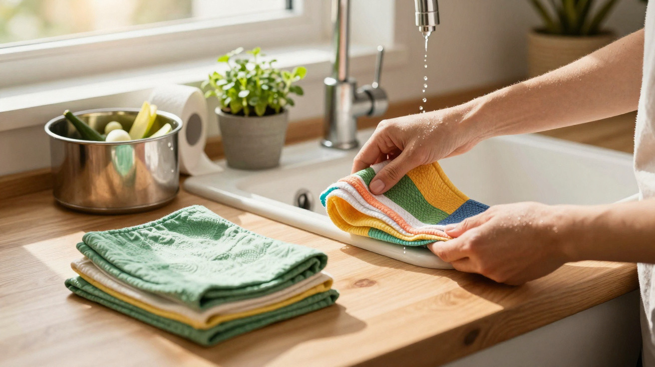 Mãos lavando pano colorido na pia da cozinha com toalhas dobradas e utensílios ao fundo.