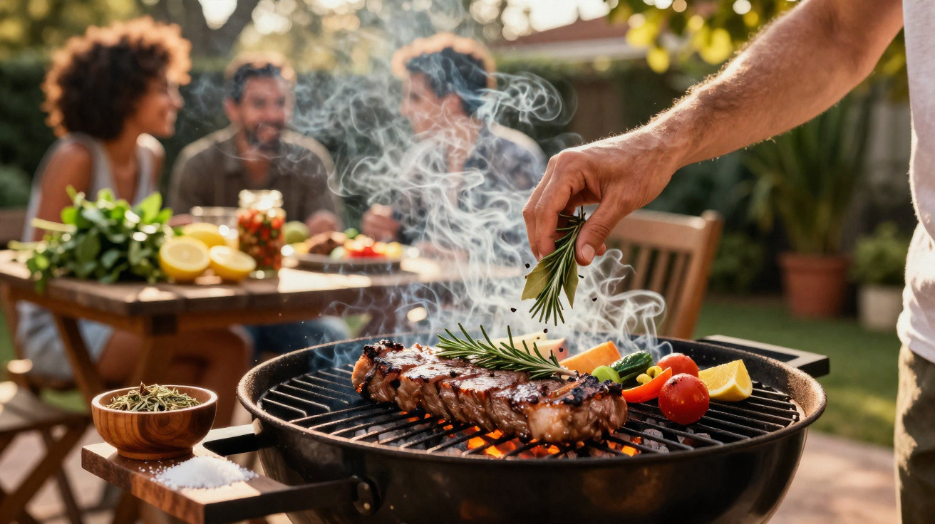 Churrasco ao ar livre com carne grelhando, legumes e pessoas conversando ao fundo em um jardim.