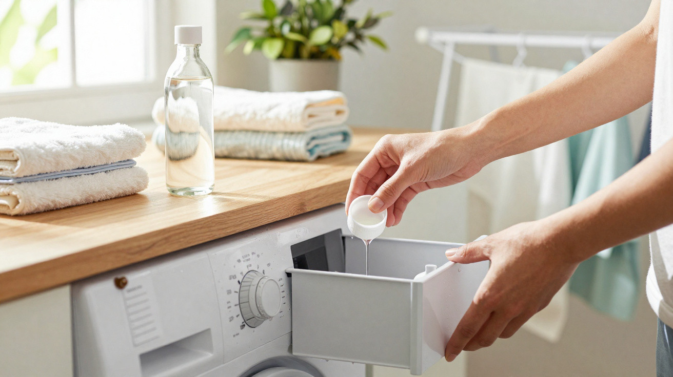Pessoa colocando detergente líquido na máquina de lavar em lavanderia clara e organizada.