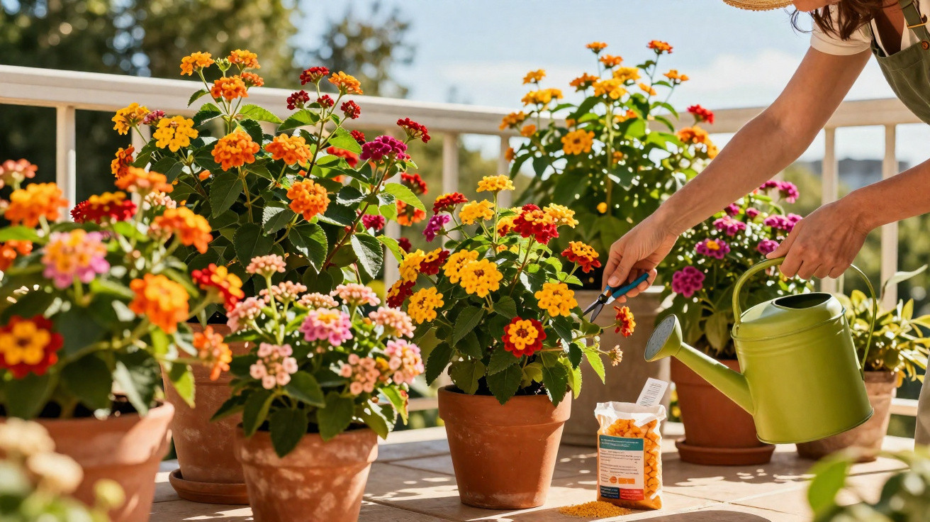 Pessoa cuidando de plantas com flores coloridas em vasos de barro em varanda ensolarada.
