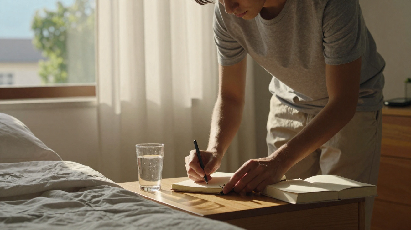 Pessoa escrevendo em caderno sobre mesa ao lado de cama em ambiente iluminado por luz natural.