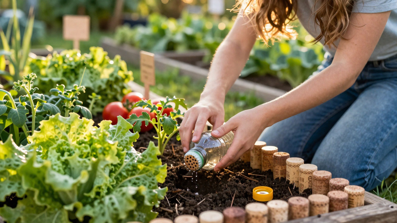 Pessoa regando plantas em uma horta urbana com verduras e tomates em canteiro de madeira.