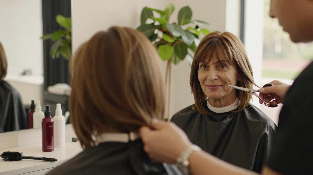 Mulher de meia-idade sorri enquanto cabeleireiro prepara para cortar seu cabelo em salão.