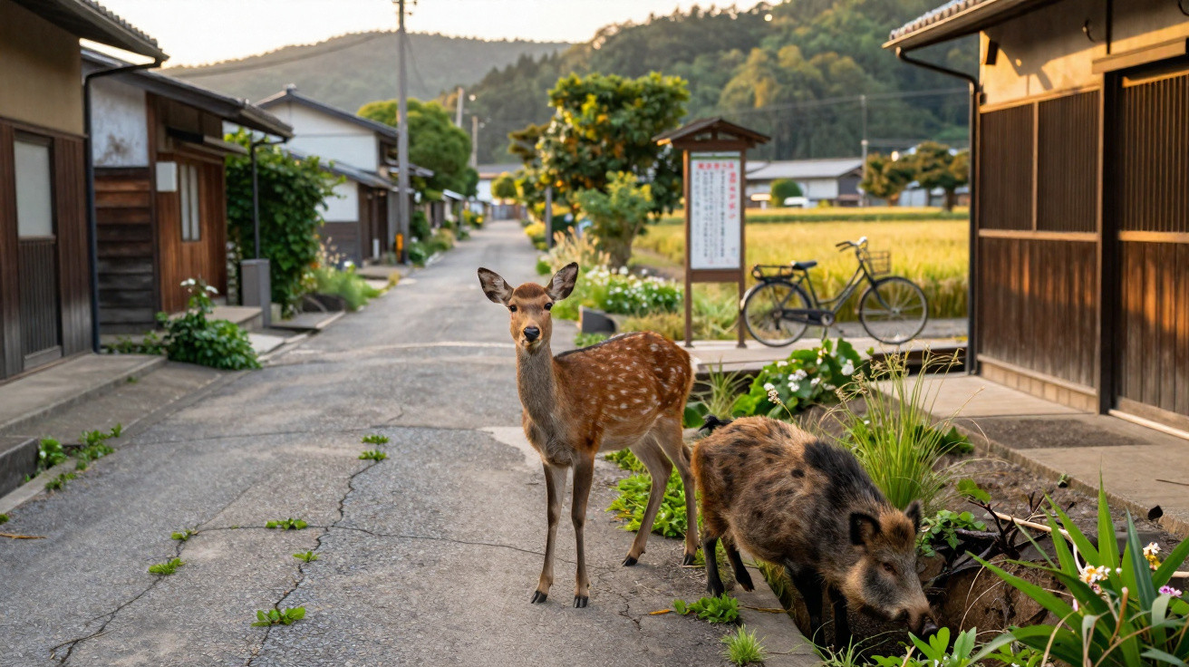 Veado e javali ao lado da rua em vila japonesa rural com bicicletas e casas ao fundo.