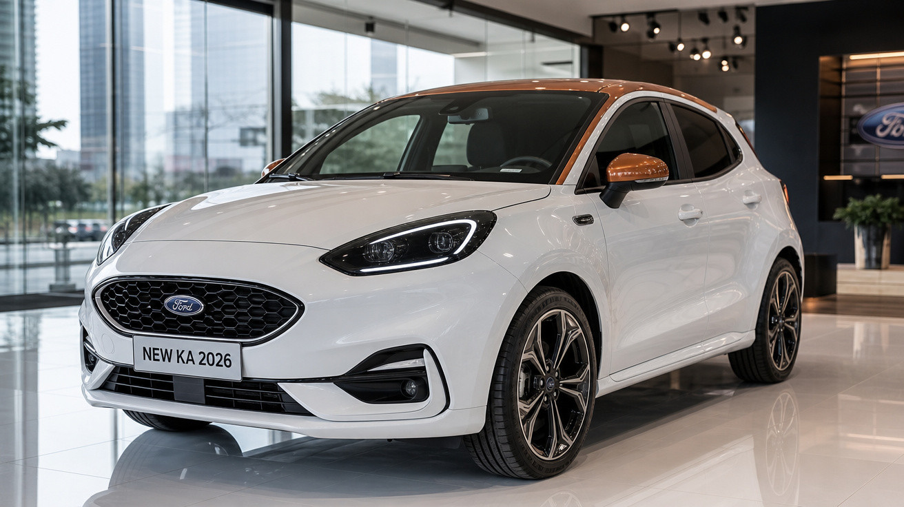 Carro hatch branco Ford New KA 2026 com teto laranja exposto em showroom moderno.