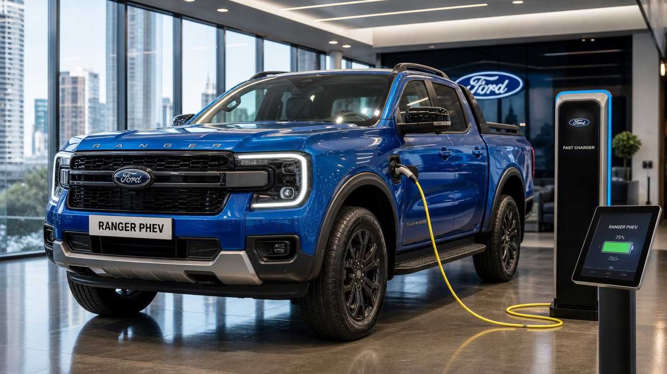 Caminhonete Ford Ranger PHEV azul em carregador rápido elétrico dentro de showroom moderno.