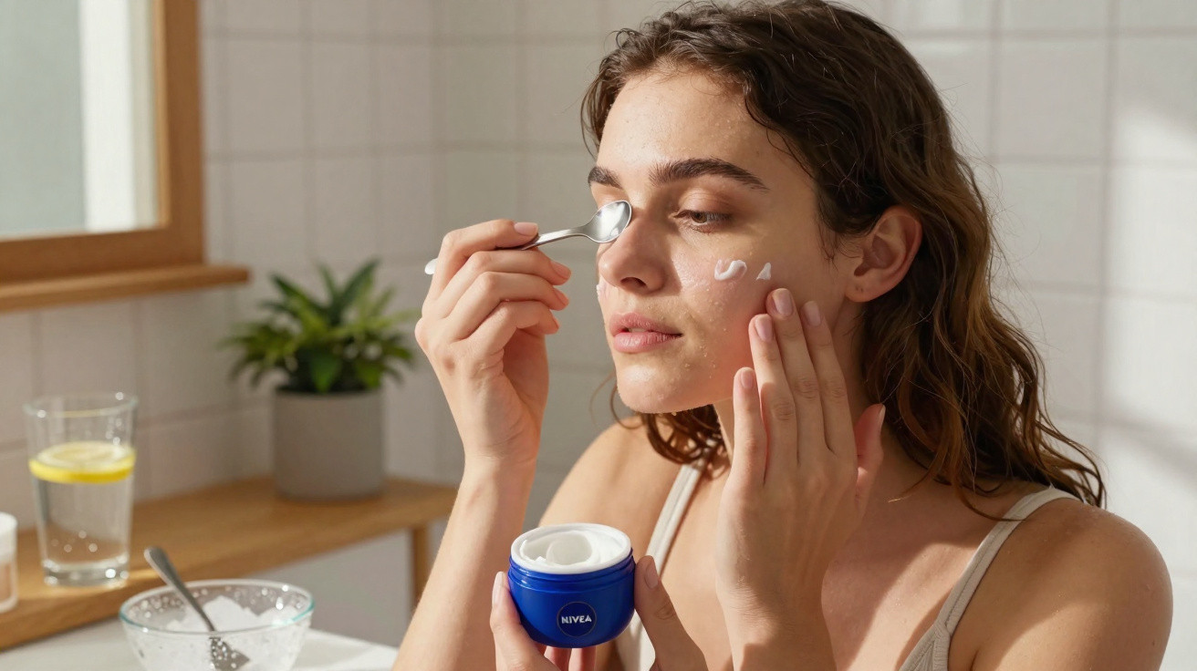 Mulher aplicando creme facial Nivea no rosto usando colherinha em ambiente iluminado.