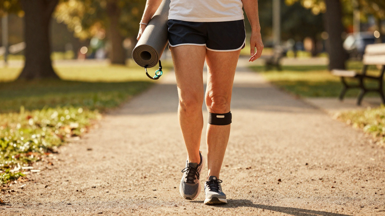 Pessoa caminhando em trilha ao ar livre segurando uma esteira de yoga, usando roupas esportivas.
