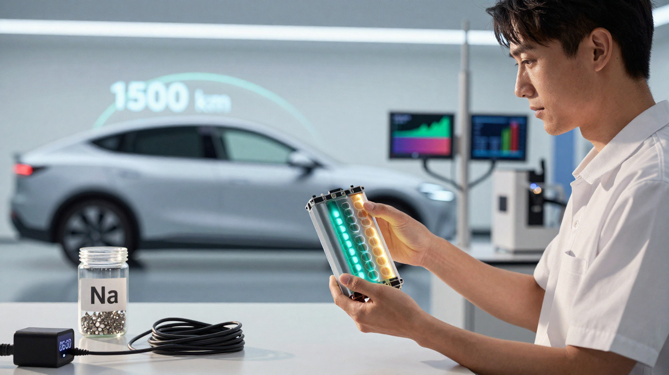 Homem segurando bateria de carro elétrico com carro cinza e projeção de autonomia de 1500 km atrás.