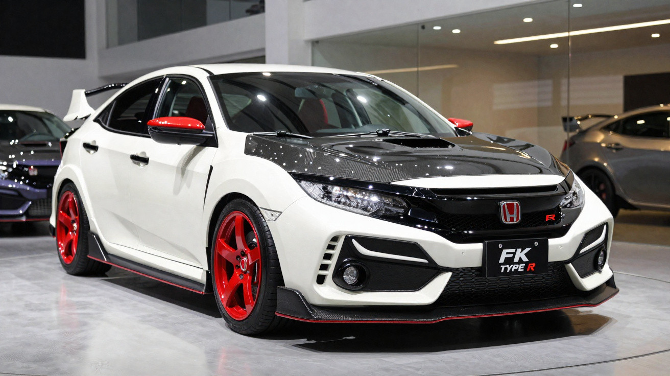 Carro esportivo Honda Civic Type R branco com detalhes em carbono e rodas vermelhas, em showroom.