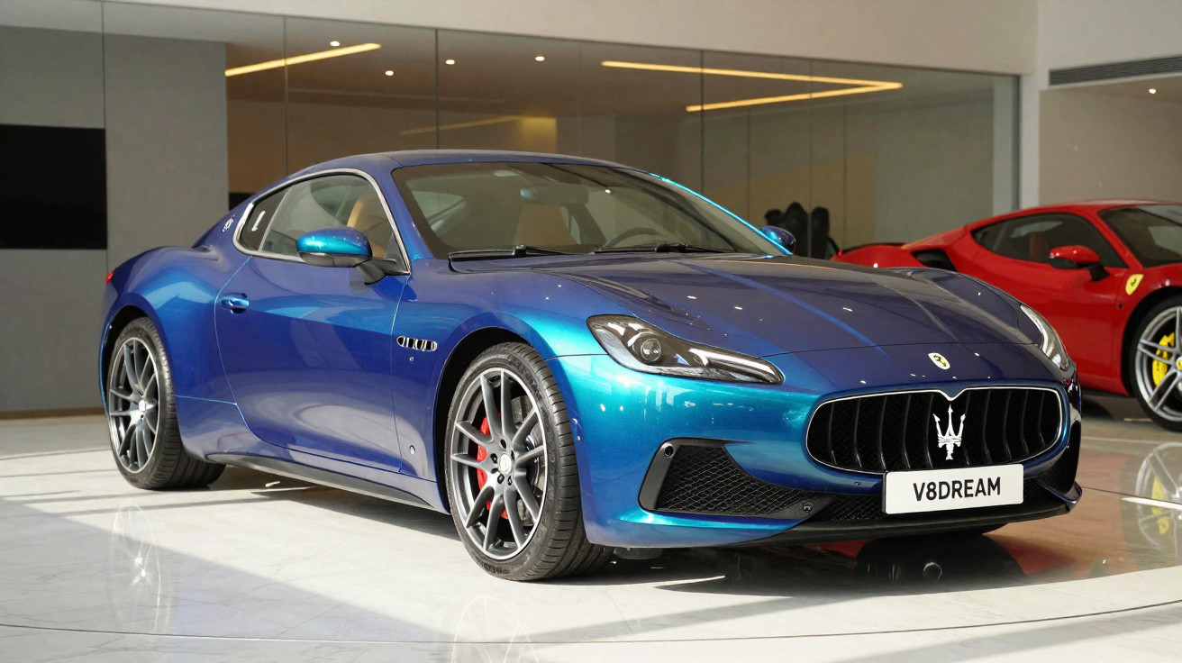 Carro esportivo Maserati azul metálico estacionado em showroom com carro vermelho ao fundo.