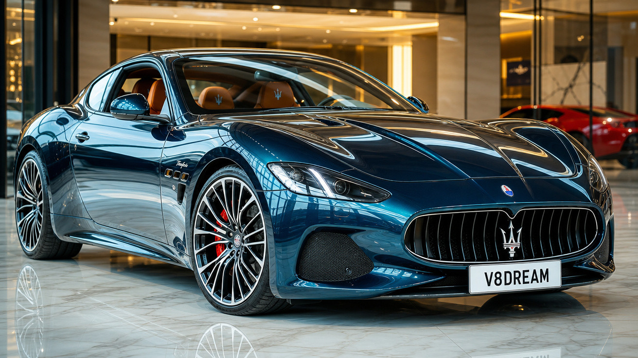 Carro esportivo azul Maserati com interior marrom em showroom com piso de mármore brilhante.