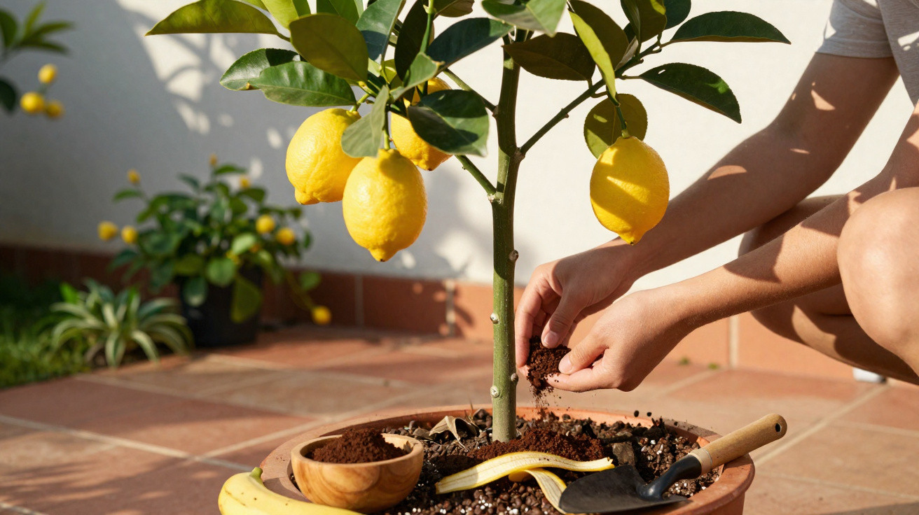 Pessoa cuidando de muda de limão em vaso com terra, banana e pá em área externa ensolarada.