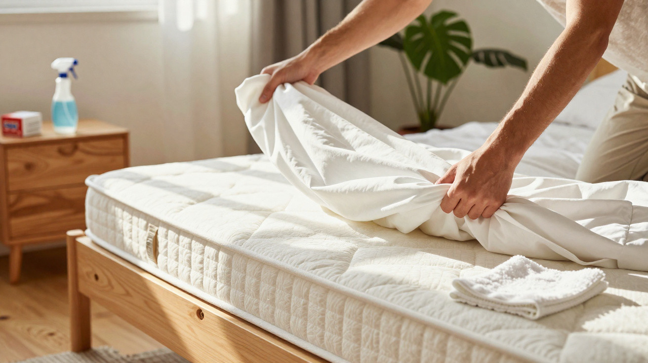 Pessoa arrumando cama com lençol branco em quarto com móvel de madeira e planta ao fundo.