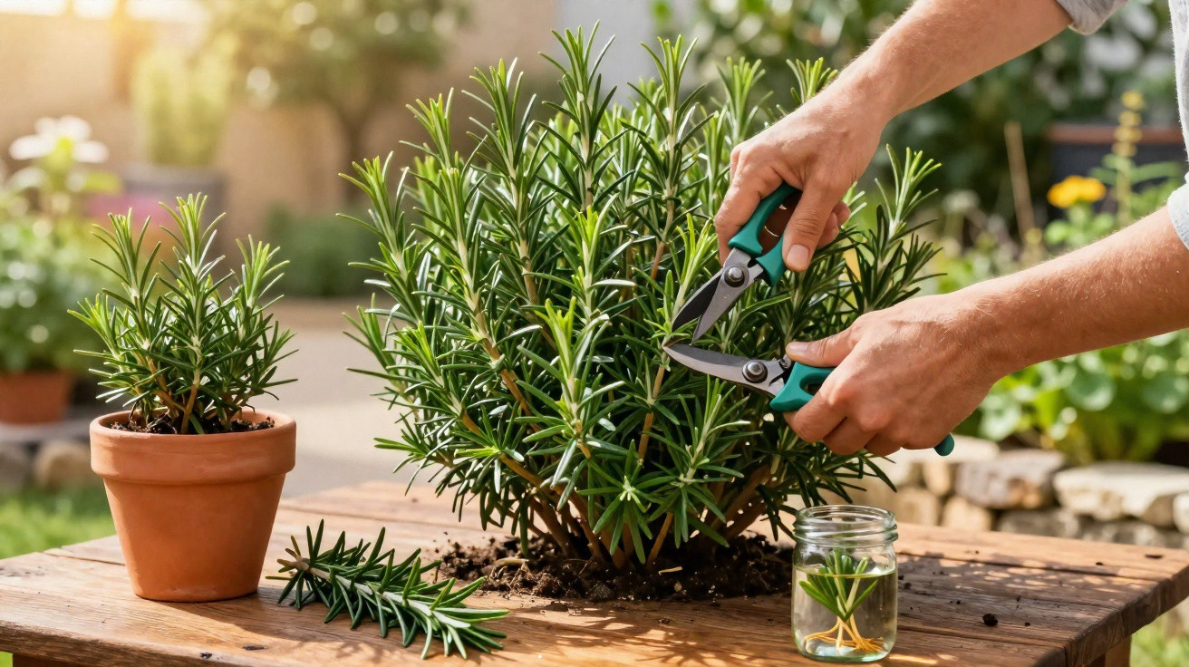 Pessoa podando planta de alecrim em vaso de cerâmica sobre mesa de madeira ao ar livre.