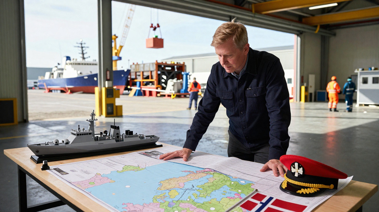 Homem analisa mapa náutico em mesa com modelo de navio e boné militar em porto com navio ao fundo.
