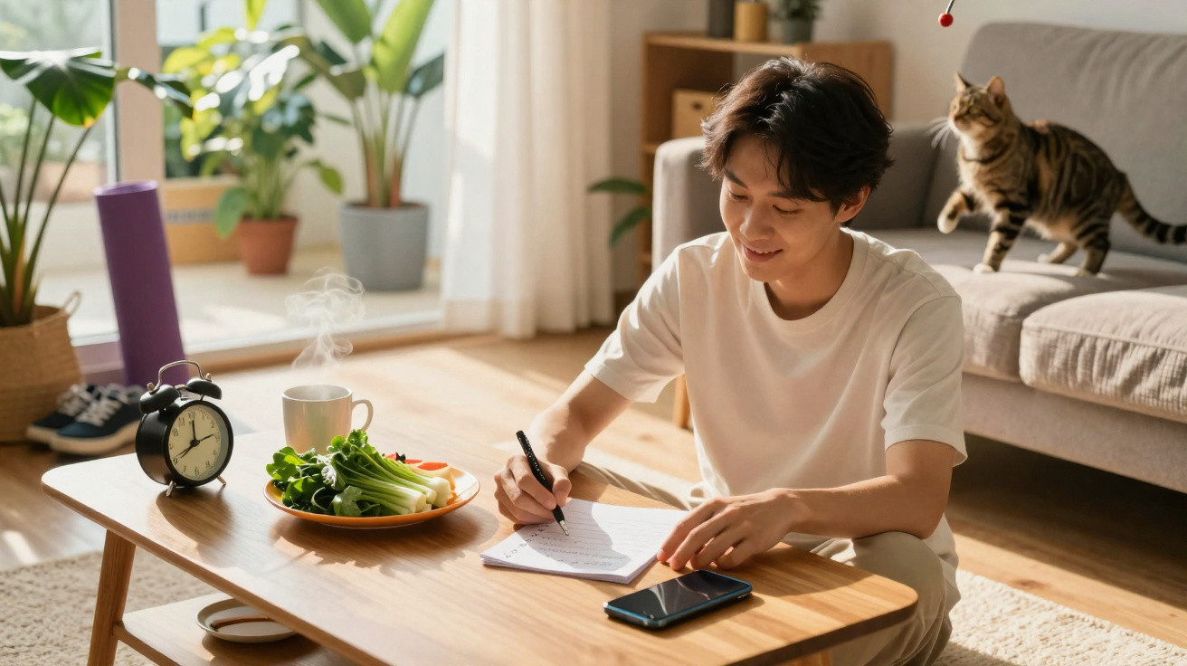 Jovem escrevendo em caderno com chá e alimentos na mesa, gato no sofá ao fundo.
