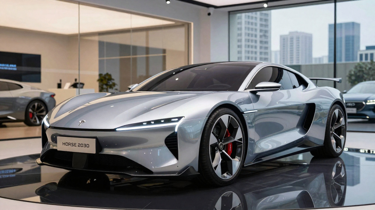Carro esportivo elétrico prata Tesla Horse 2030 em exposição dentro de show room moderno.