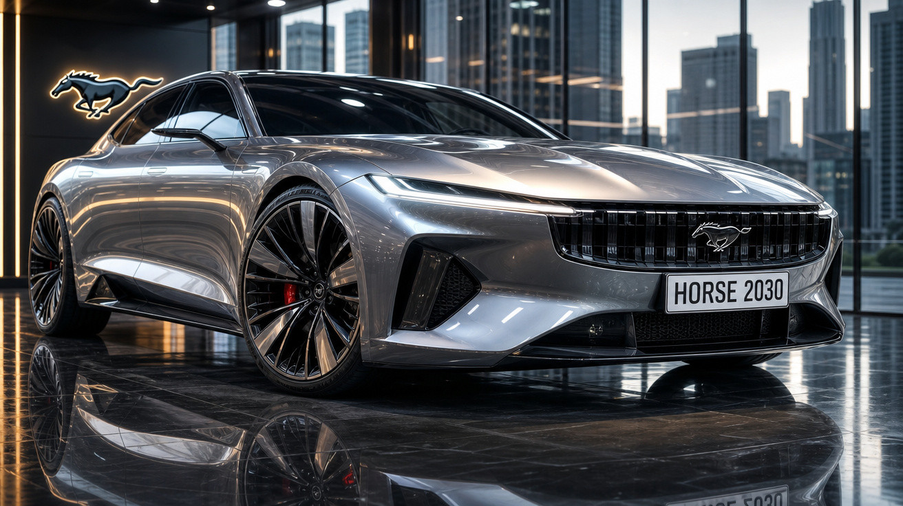Carro esportivo prata moderno com placa "HORSE 2030" em ambiente interno com edifícios ao fundo.