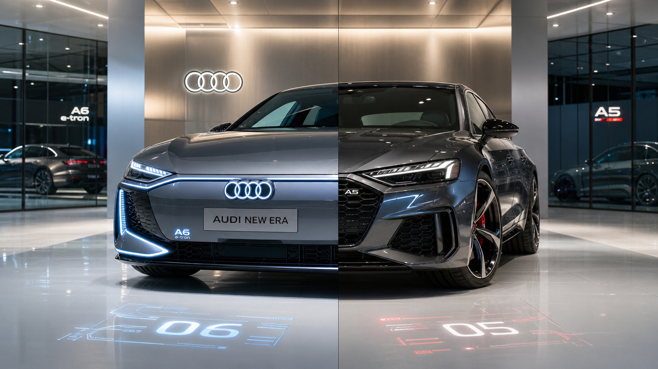 Metade frontal do Audi A6 e-tron à esquerda e metade do Audi A5 Sportback à direita em showroom.