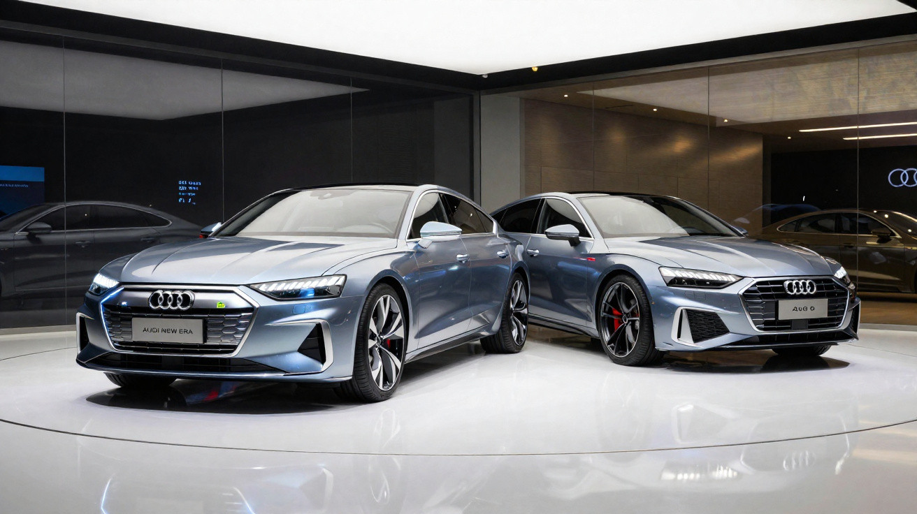 Dois carros Audi cinza prata exibidos em showroom moderno com paredes espelhadas e piso branco brilhante.