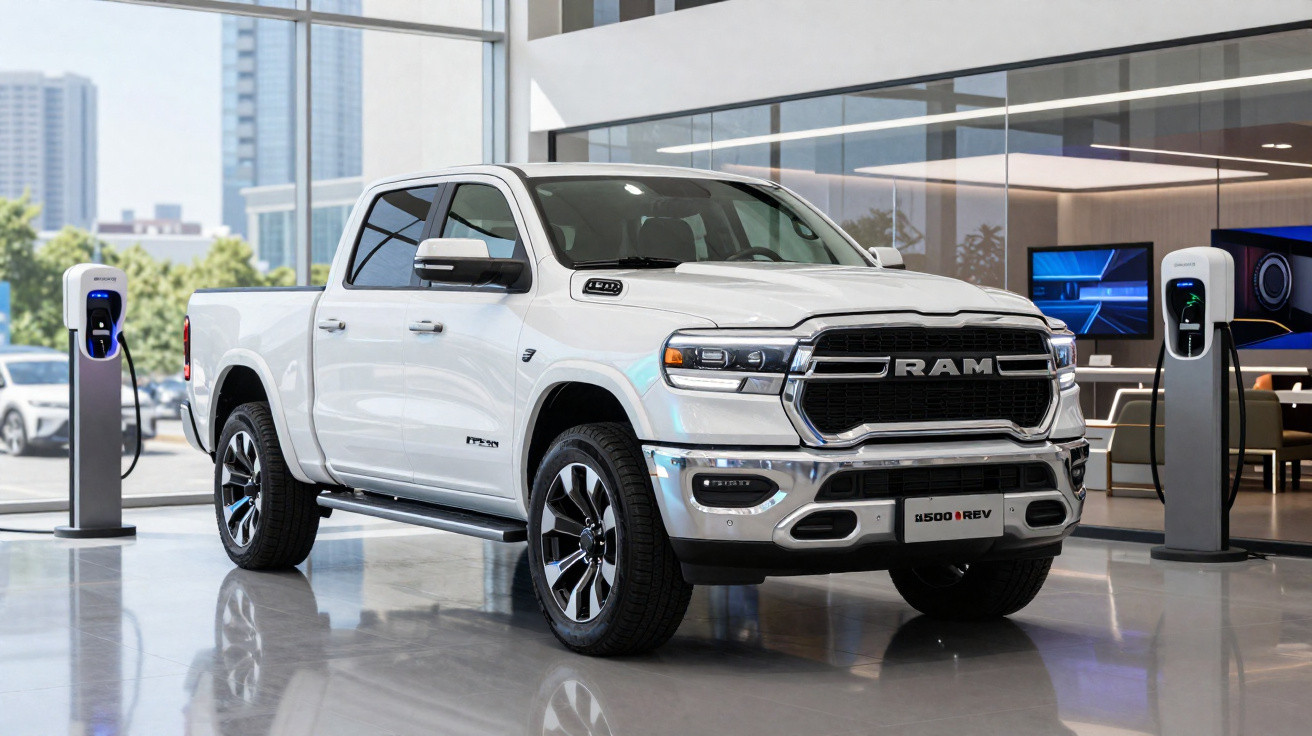 Picape elétrica branca Ram 1500 REV carregando em estação dentro de showroom moderno.