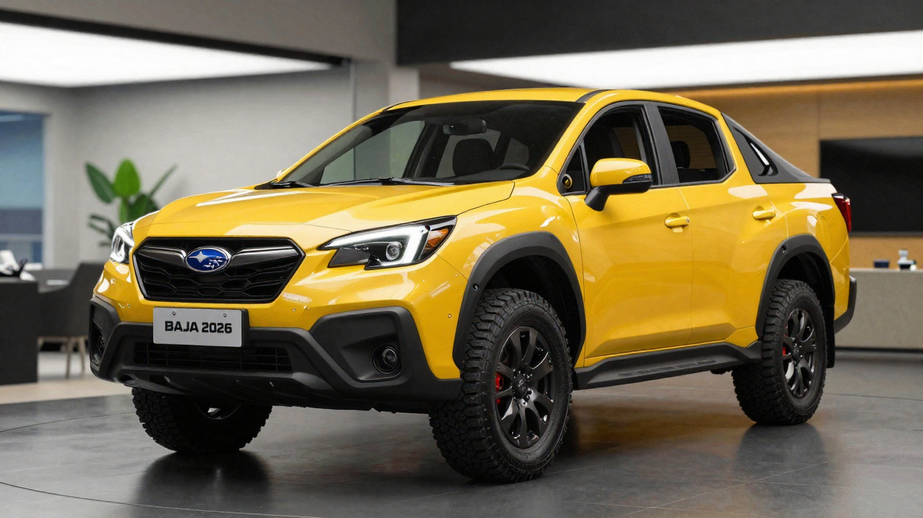 Picape Subaru Baja 2026 amarela em ambiente interno moderno com rodas pretas e detalhes robustos.