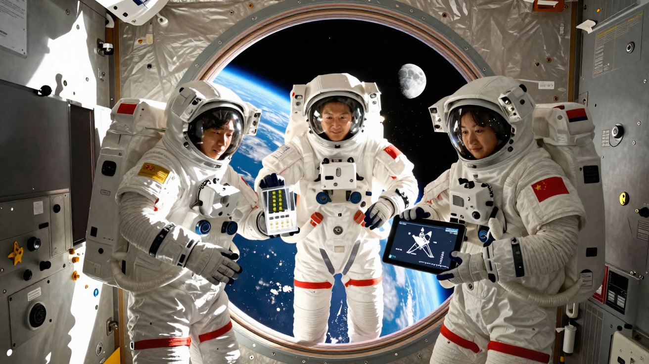 Três astronautas chineses em trajes espaciais dentro de estação com Terra e Lua ao fundo.