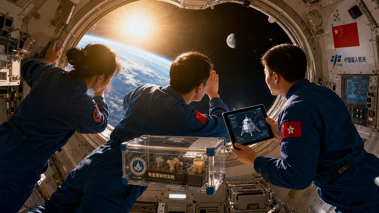 Três astronautas chineses observam a Terra e a Lua pela janela da estação espacial enquanto um deles segura um tablet.