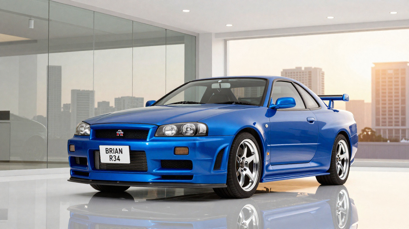 Carro esportivo azul Nissan Skyline R34 estacionado em ambiente interno com cidade ao fundo.