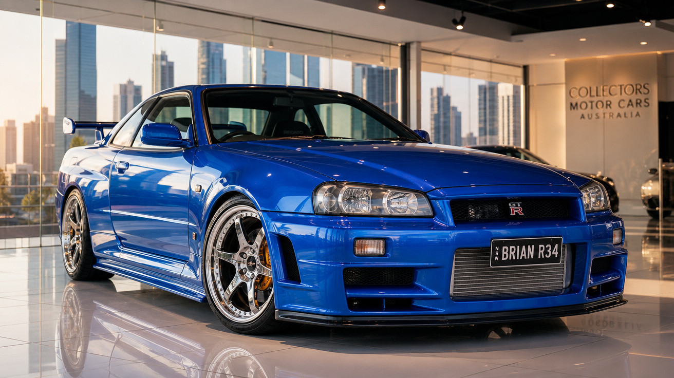 Carro esportivo azul Nissan Skyline GT-R R34 em exposição em showroom com vista urbana ao fundo.