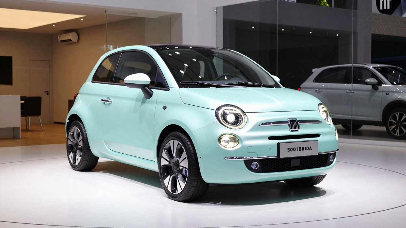 Carro Fiat 500 híbrido verde água exposto em salão interno com piso branco e parede espelhada.