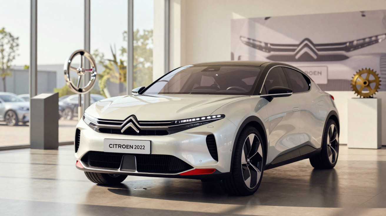 Carro elétrico Citroën 2022 branco exibido em showroom moderno com detalhes em preto e vermelho.