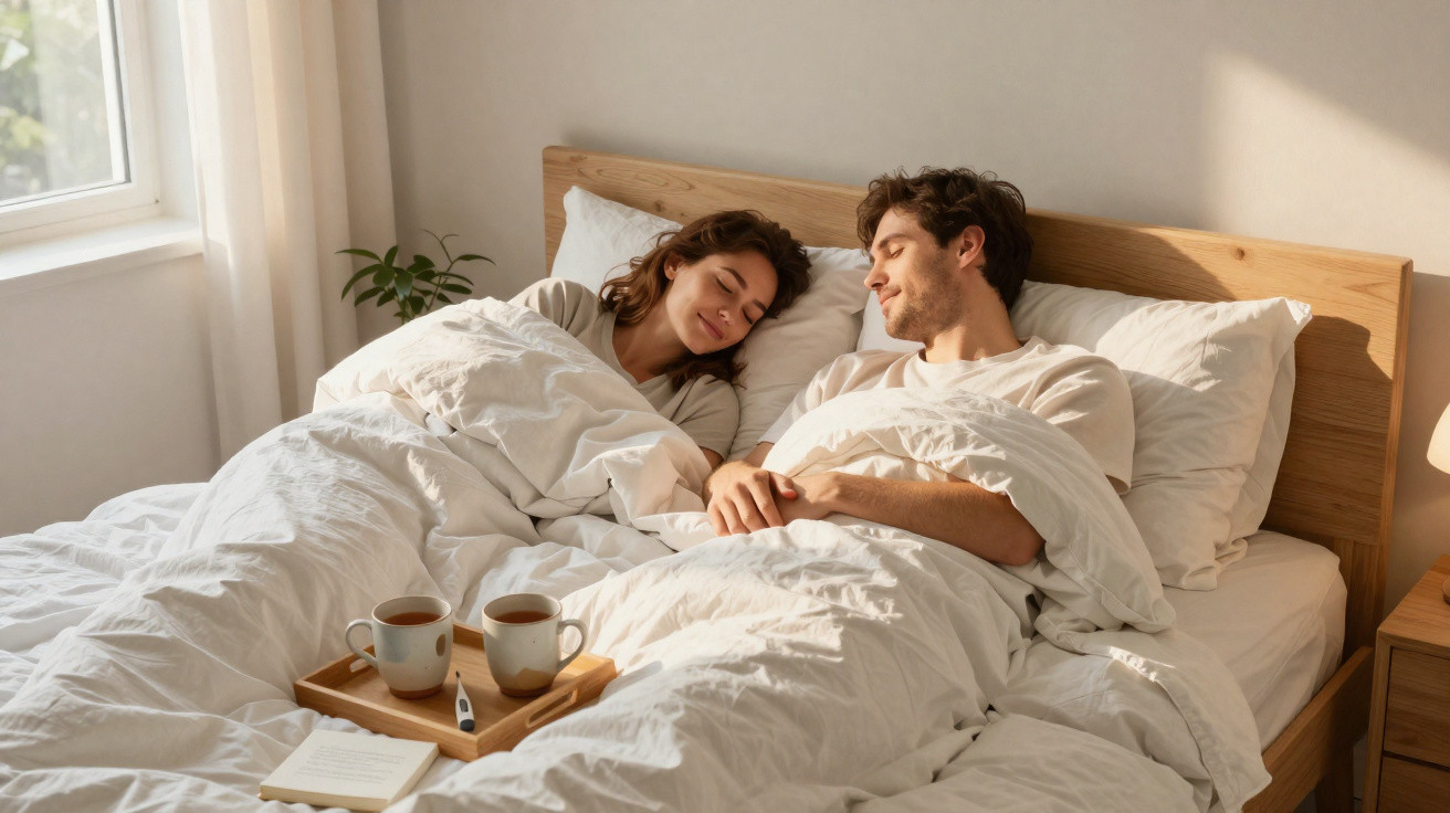 Casal deitado na cama com roupas de cama branca, duas canecas, termômetro e livro ao lado.