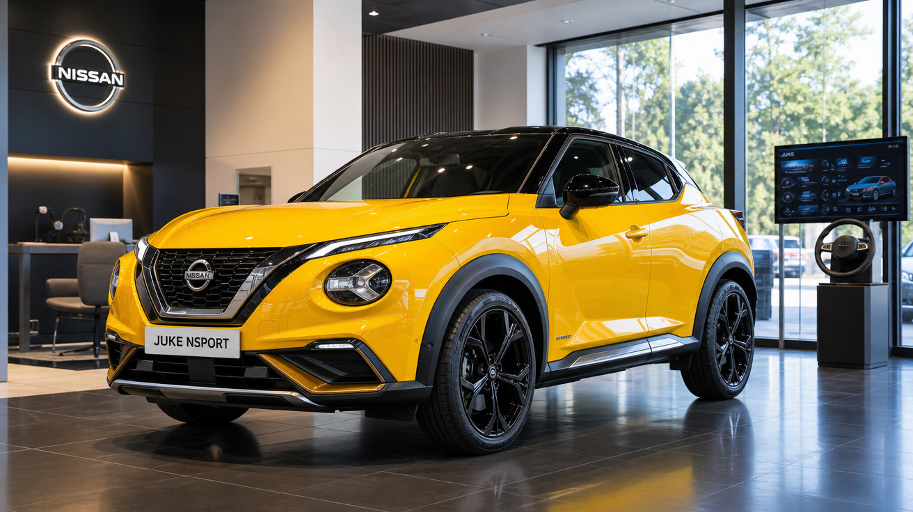 Carro Nissan Juke Nsport amarelo exposto em showroom moderno com paredes de vidro.