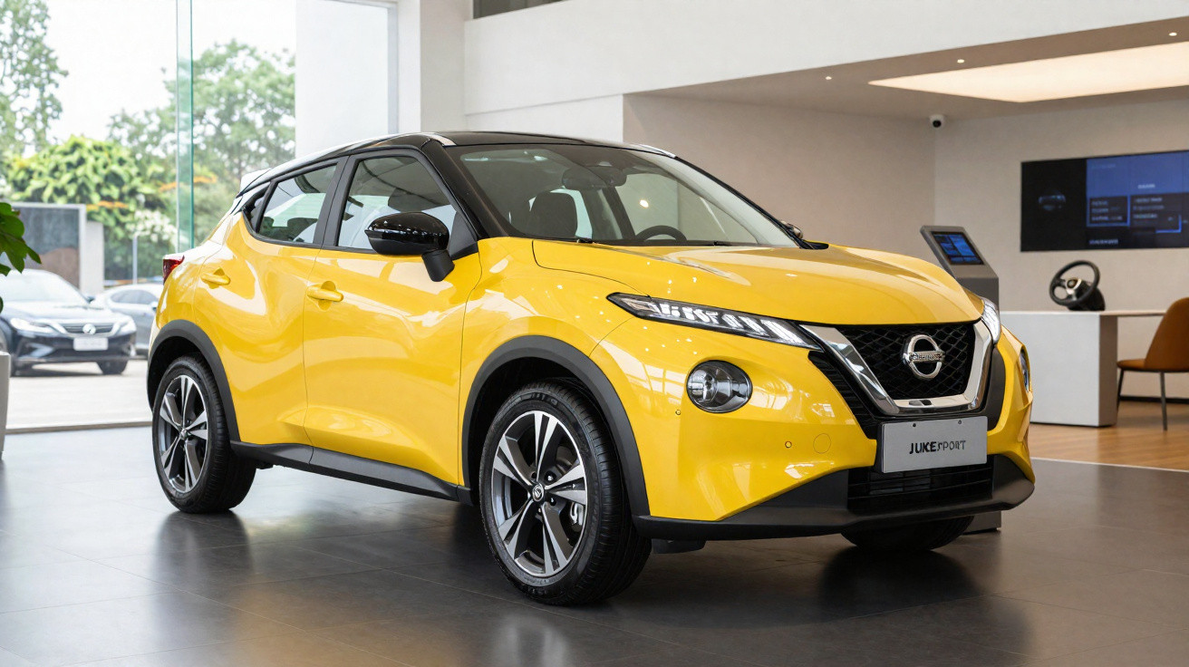 Carro SUV Nissan Juke amarelo exibido em showroom moderno com teto e espelhos pretos.