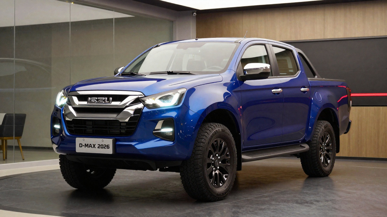 Picape azul Isuzu D-Max 2026 exibida em ambiente interno com destaque para faróis acesos e rodas pretas.
