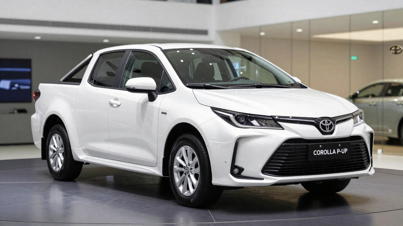 Picape Toyota Corolla P-Up branca exibida em ambiente interno de showroom.
