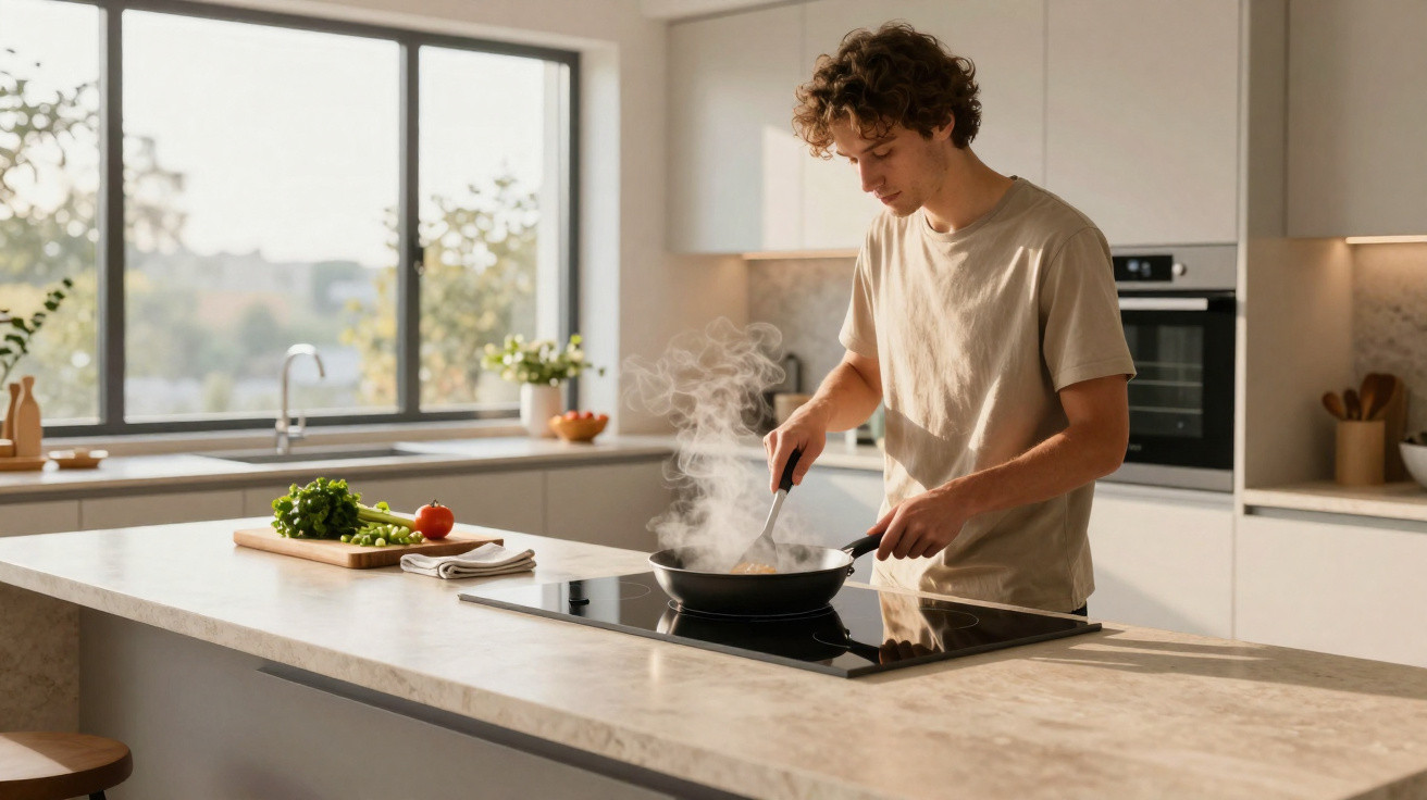 Homem preparando comida em frigideira na bancada de cozinha moderna com legumes e janela ao fundo.