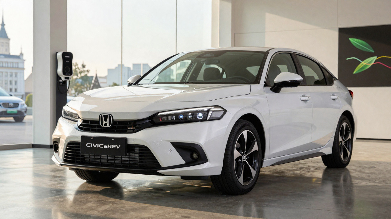 Carro Honda Civic e:HEV branco estacionado em ambiente interno com piso de concreto e parede branca.